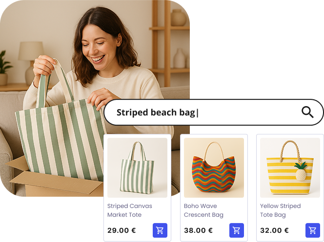 Ecommerce visual search showing striped tote bag personalized recommendations as a woman shops online.