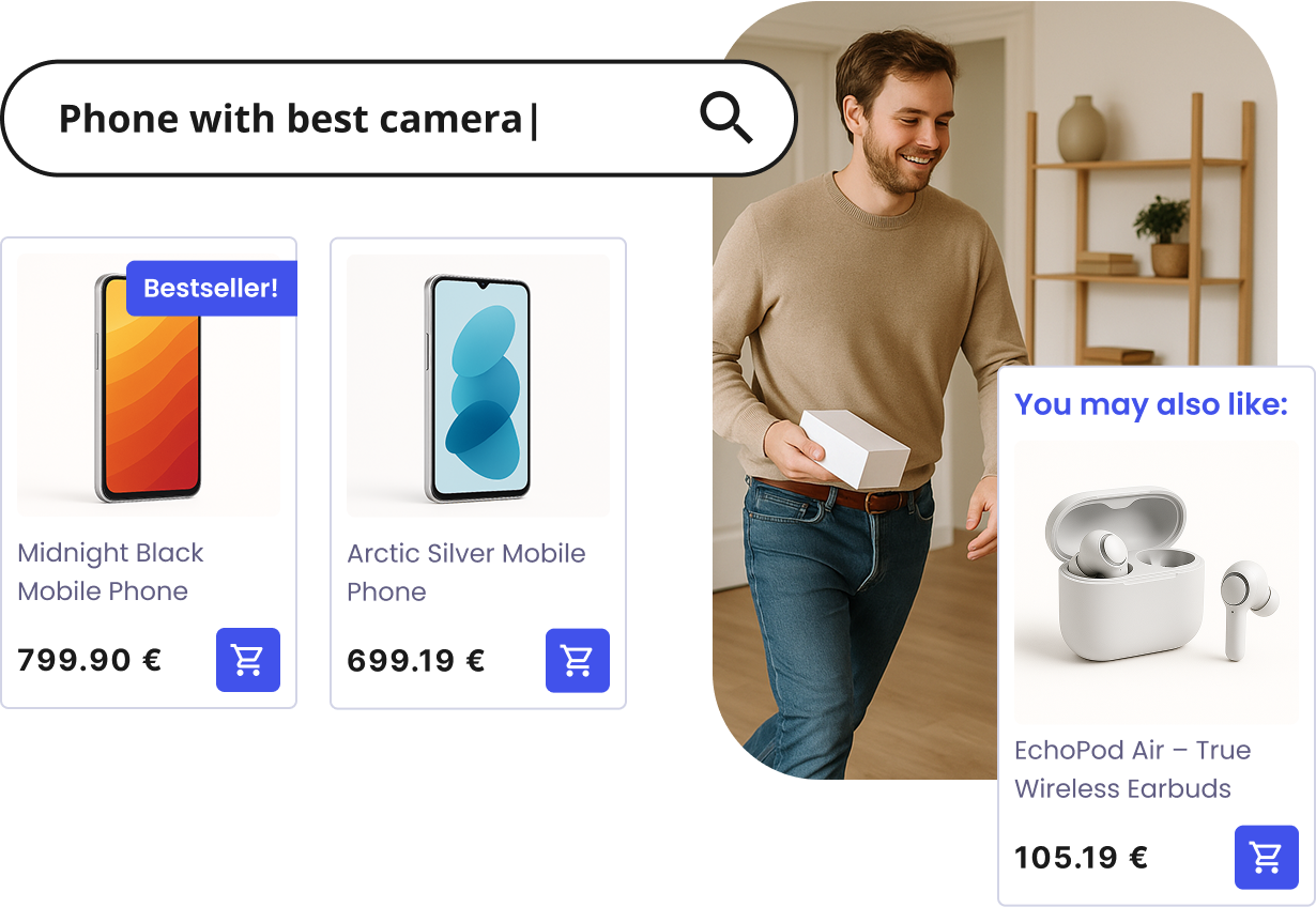 AI recommender system suggesting phones and accessories next to a man unboxing a package.