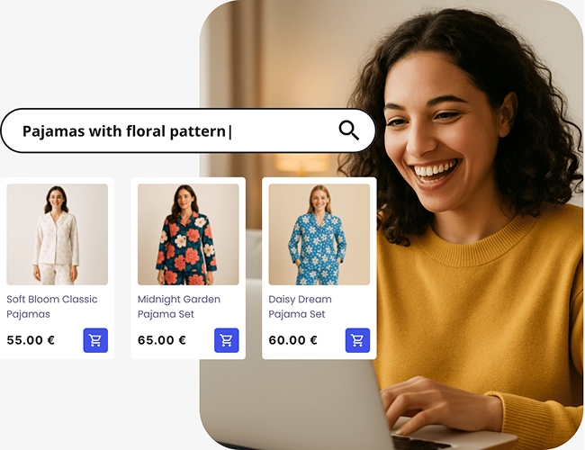 Woman shopping online with an AI-powered product discovery interface showing relevant search results.