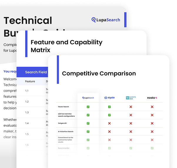 Feature comparison guide preview showing LupaSearch capability matrix and competitive comparison charts.