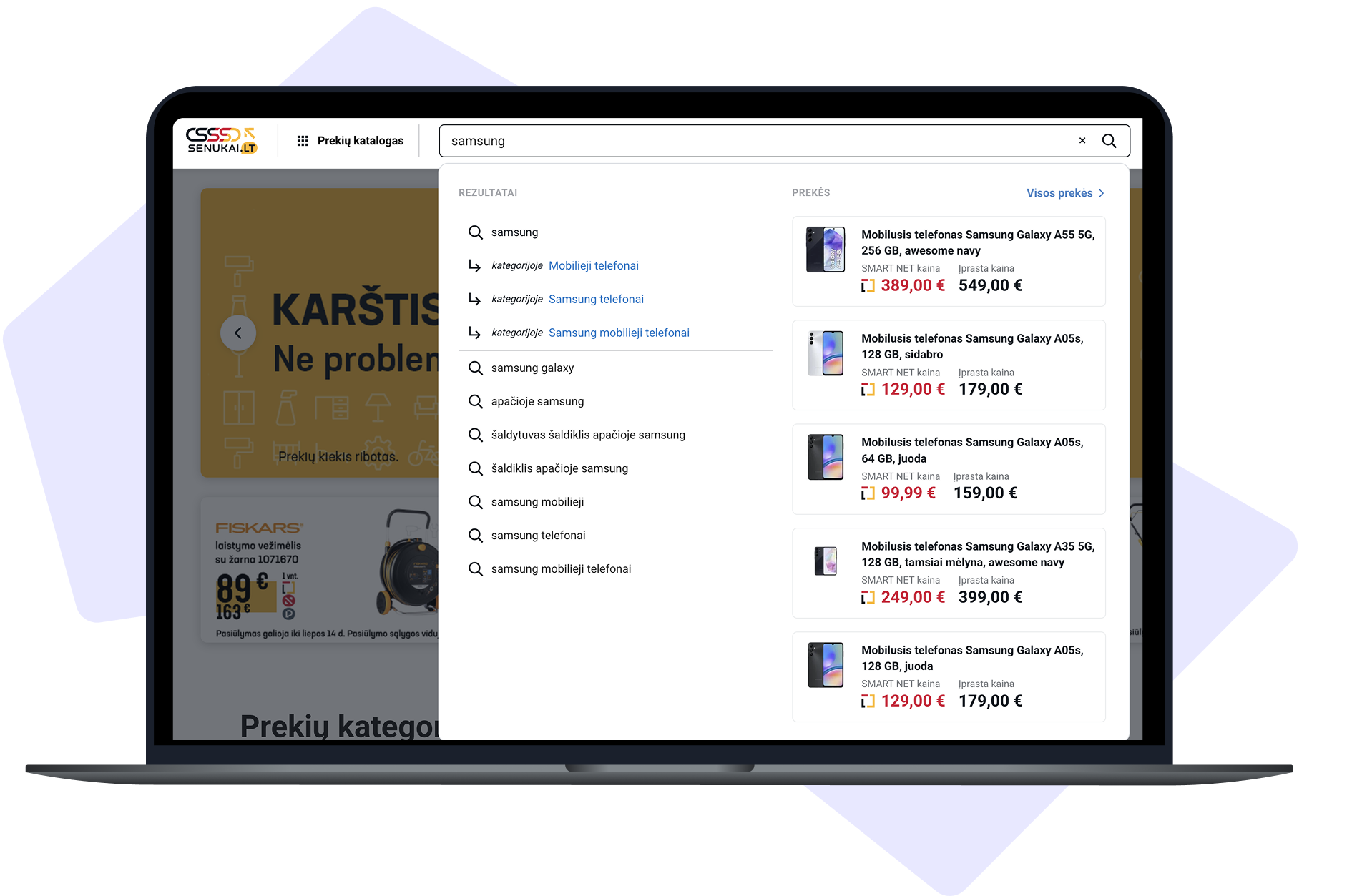 Kesko Senukai Digital case study results showing search conversion growth, revenue increase, and LupaSearch product search interface on a laptop.