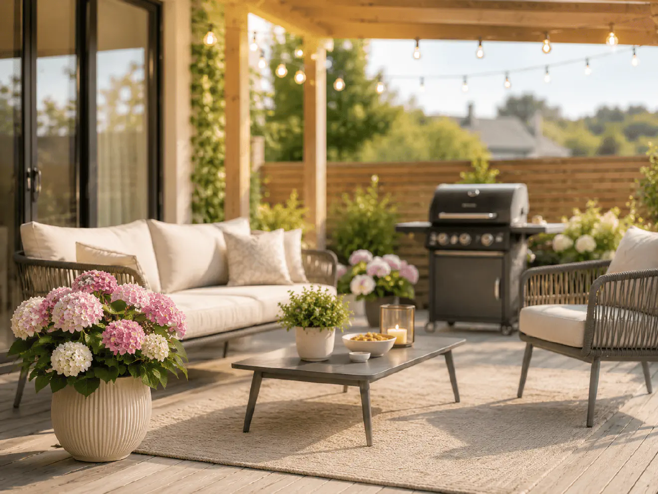 Search results for 'outdoor decor' on a home and DIY store, with a sponsored garden furniture set in the first slot alongside organic results